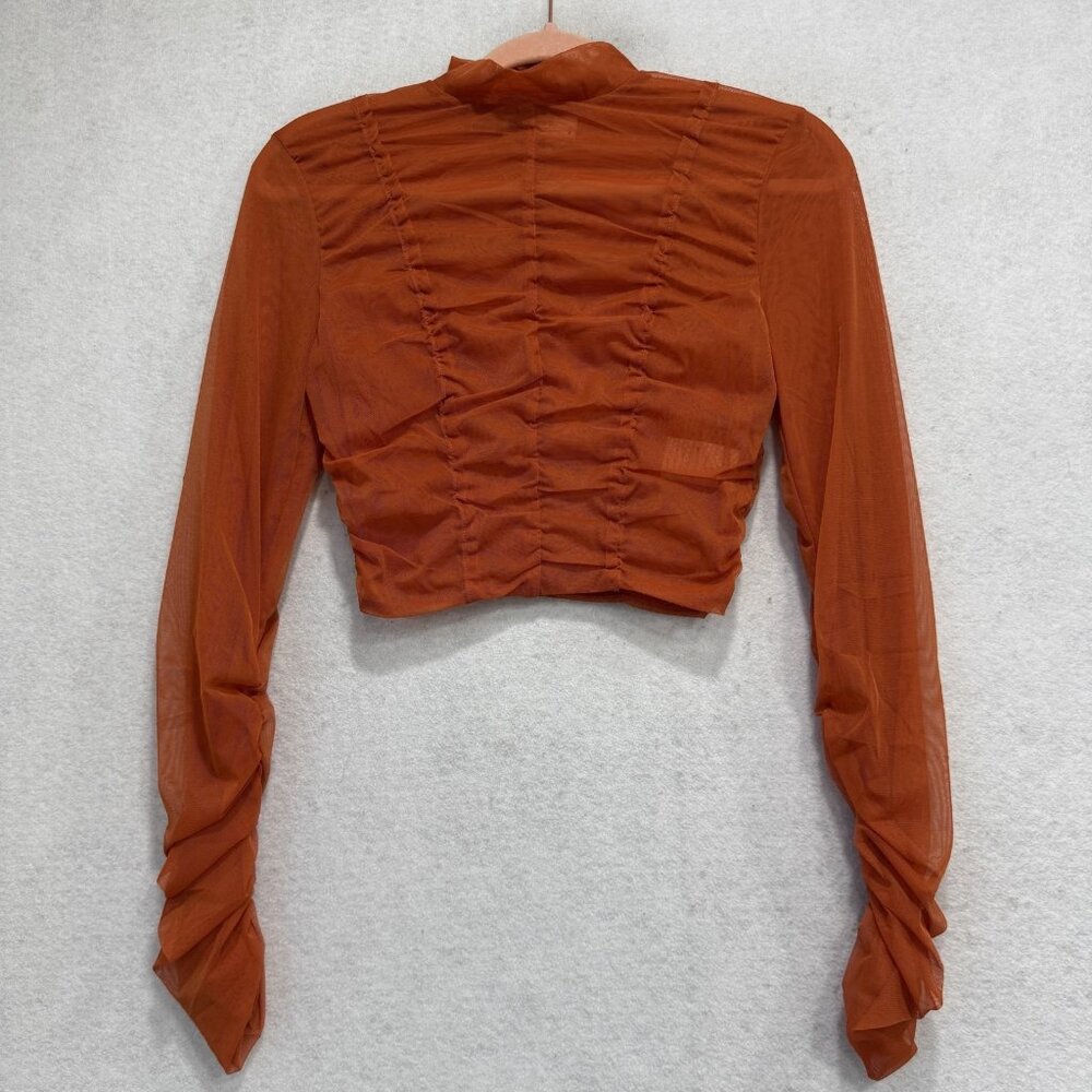 Mistress Rocks Shirt Womens Small Orange Sheer Mesh Mock Neck Cropped Ruched